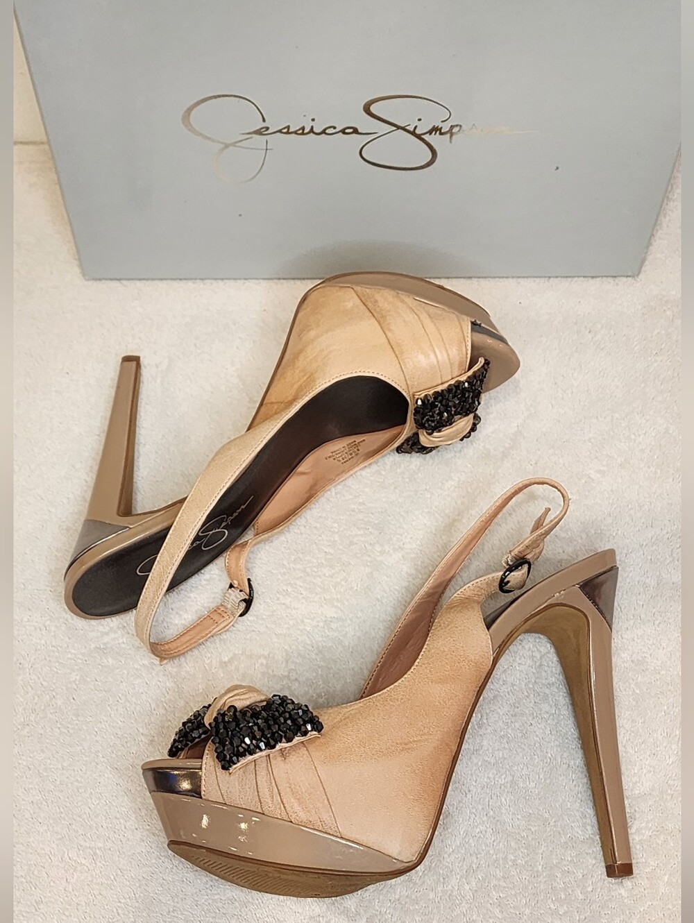 Jessica Simpson Nude Platform Slingback Heels with Black Beaded Bow